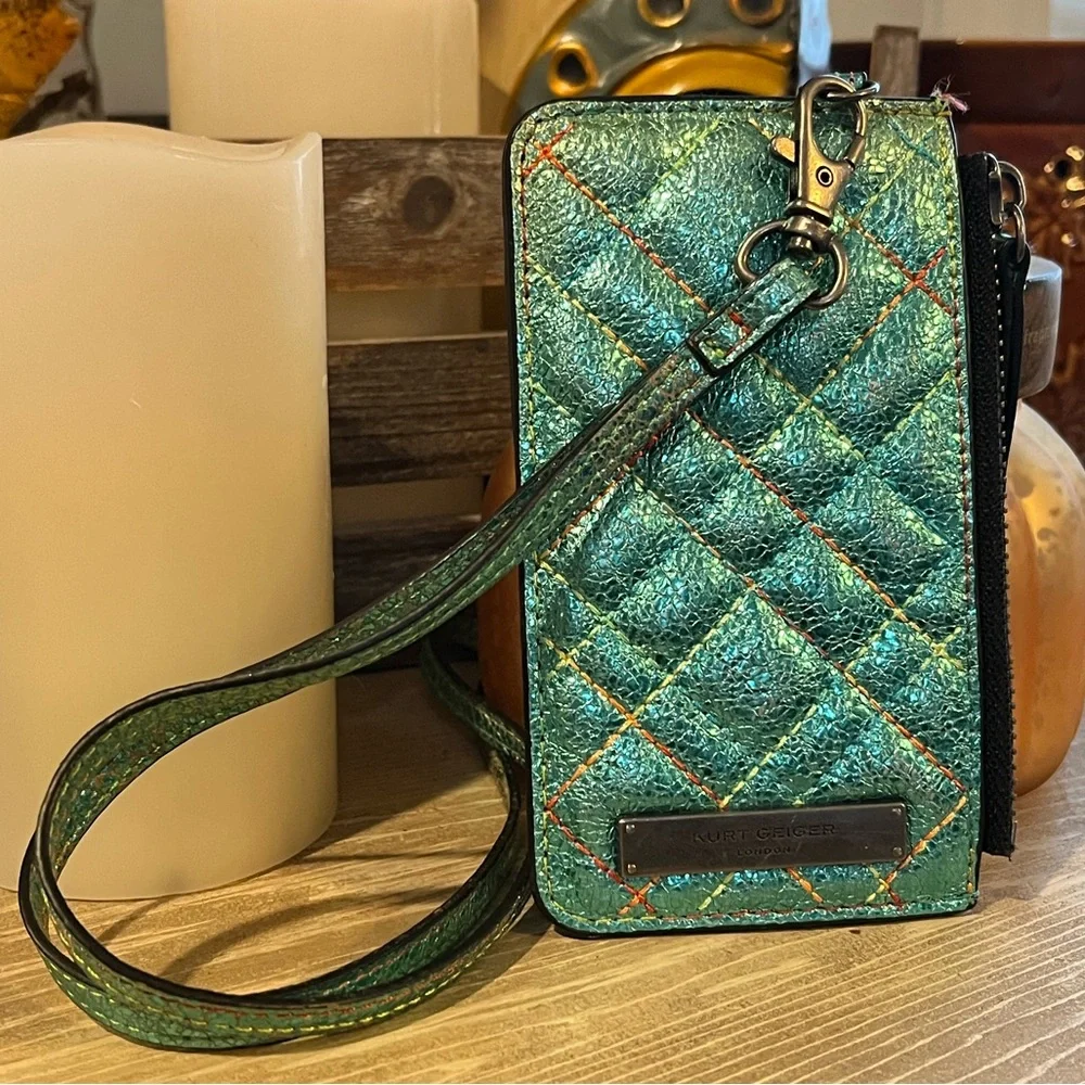 Kurt Geiger Metallic Quilted Card Holder with Lanyard - Picture 1 of 8